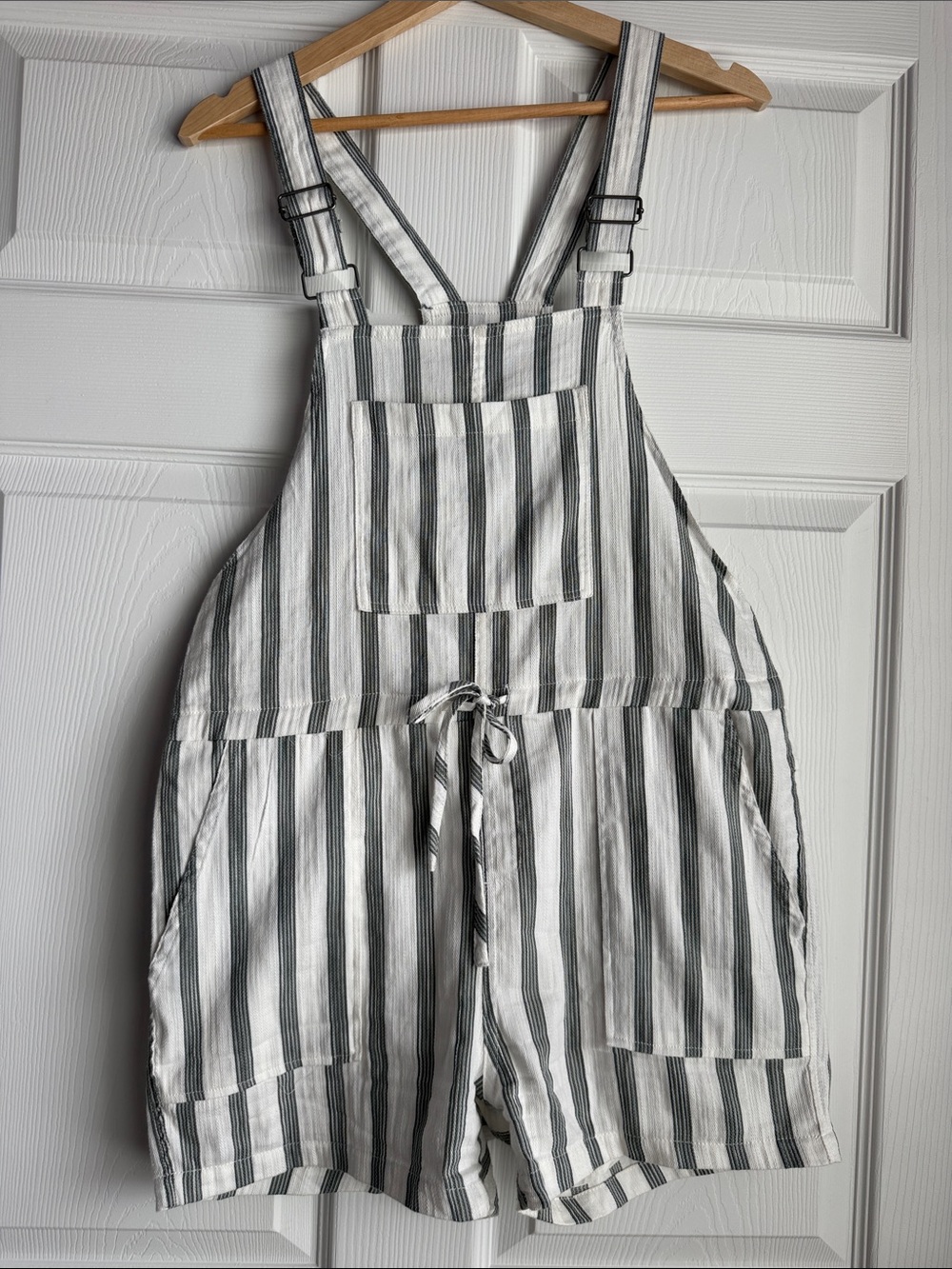 Thread & Supply White and Black Vertical Stripe Short Overalls Romper